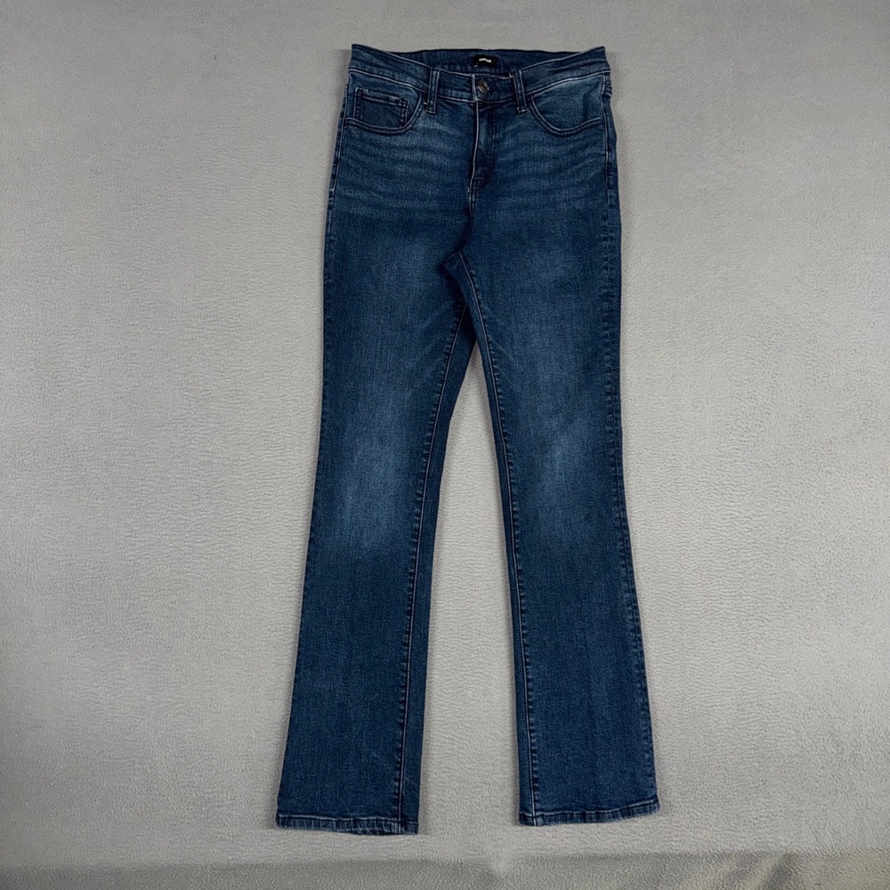 Express Jeans Womens 10 Blue Bootcut Dark Wash Stretch Dark Denim Whiskers